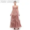 Party Dresses Sexy Backless Pink Evening Long Beaded Pearls Formal Dress Women Elegant Lace Tulle V-Neck Gala Gowns 2022