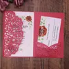 (50 stycken / mycket) Laser cut rose bröllop inbjudningar tri-fold skräddarsy lila silver födelsedag hälsningskort med RSVP-kort IC133