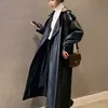 Nerazzurri Spring Black Oversized Long Vattentät Läder Trench Coat för Kvinnor Långärmad Loose Korean Fashion Clothing 211204