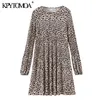 Mini abito pieghettato con stampa leopardata moda donna elegante O collo manica lunga abiti femminili abiti Mujer 210420