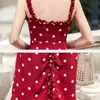 Mujeres de cintura alta sexy midi-vestido rojo femme robe verano francés vintage punto impreso es delgado suspender con cuello en v 9320 210508