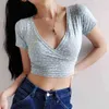 Kobiety Floral Print Crossover V-Neck Krótki Rękaw Crop Top Bawełna Mieszanka Crop Tee 210419