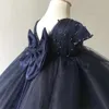 2022 Navy Blue Pearls Flower Girl Dresses Backless Tulle Little Comunione da sposa Vestiti Abiti Abiti Abiti