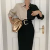 Kvinnors Blusar Skjortor Puff Sleeve Kvinnor Blus 2022 Spring Office Lady Button Slå ner Krage för Plus Size Ladies Fashion Clothing