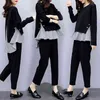 Siyah Iki Parçalı Set Kadın Çizgili Ekleme Uzun Kollu Üstler Ve Harem Pantolon Setleri Casual Ofis Kore Bayanlar Satış 210513
