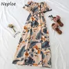 Neploe Verão Novo Vestido Coreano Slash Pescoço De Manga Curta Ruffle Split Vestidos Longos Temperamento Cintura Slim Impresso Vestidos 210423