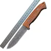 Cuchillo recto de supervivencia de acero de Damasco, mango de madera de zebrano, cuchillos de hoja fija con funda de cuero H5416