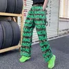 Streetwear Zielony List Dżinsy Damskie Wiosna Jesień Wysoka Talia Moda Denim Szeroki Noga Spodnie Kobiet Tide 5C72 210427