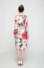 Women's Runway Dresses V Neck 3/4 Sleeves Floral Printed Sexy Split Fashion Elegant Autumn Pencil Dress Vestidos