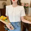 Simple Retro Revers Crochet Embellissement Single-breasted Short Sleeve Top Korean Chic Personality Joker Puff Shirt 13828 210521