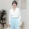 Korea Style Höst Vinter Koreansk V-Neck Ficka Långärmad Chiffonskjorta Kontor Vintage Kvinnor Blus 12h 210420