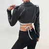 Iamty Noir PU Cuir Crop Veste Street Wear Punk Style Femmes Manteaux À Manches Longues Turn-Down Zipper Court Mode 211014