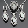 Marquise Fire White Opal Silver Color Jewelry Sets For Women Wedding Necklace Pendant Drop Earrings Rings Christmas Gift Box H1022