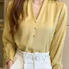 Kore İpek Kadın Bluzlar V Yaka Saten Bluz Kadın Uzun Kollu Gömlek Bayanlar Tops Artı Boyutu Sarı Gömlek XXL 210604