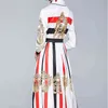 ファッション滑走路デザインスプリング夏Aラインドレス女性の白い長袖折り返し首の花柄プリントMidiドレスフェムメローブ210520