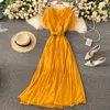 Singreiny Women Summer Pleated Klänning Koreansk V Neck Elegant Solid A-Line Dresses Fashion Romantic Holiday Beach Lång Klänning 210419