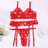 Femmes Sexy Lingerie Ensemble avec Porte-Jarretelles Rouge Floral Chaud Push Up Bras G-string Sexe Culotte Tentation Érotique Sensuelle Sous-Vêtements