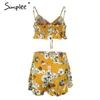 Floral Print Strap Sexy Tweedelige Romper Vrouwen Ruche Lace Up Smocking Short Playsuit Summer Casual Boho Jumpsuit 210414