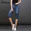 Tataria Plus Taille Loose Jeans Taille haute Maman pour femmes Genou-Longueur Denim Shorts Noir Lace Up Casual Harem Pantalon 210514