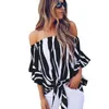 Stripe Szyfonowe Bluzki Kobiety Letnie Off Ramię Koszulki Casual Flare Krótki Rękaw Slash Neck Loose Sexy Bez Ramiączek Plus Size Topy