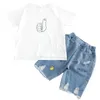 Ensemble de vêtements pour enfants garçons, vêtements d'été en coton, chemises blanches/roses + pantalons en jean, 2 pièces, costume de sport pour enfants, vêtements pour tout-petits X0802