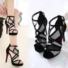Women's sandals summer sexy fashion style black color ankle strap cross gladiator block high heels pumps
