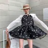 High Waist doll collar Splicing Cartoon printing Long Sleeve Women Dresses Summer Fashion Sweet Lovely Mini Dress Female 210515