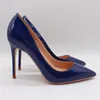 Moda kadınlar kraliyet mavi patent deri şiir ayak parmağı stiletto yüksek topuk pompa yüksek topuklu ayakkabılar gelinlik