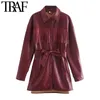 TRAF Women Fashion With Belt Tassel Faux Leather Loose Jacket Coat Vintage Long Sleeve Pocket Female Outerwear Chic Top 210415