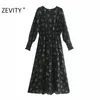 Zevity Herbst Frauen Mode V-ausschnitt Blumendruck Büro Chiffon Midi Kleid Neue Damen Chic Langarm Marke Party Vestido DS4540 210409