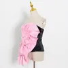 女性のスラッシュネックノースリーブヒットカラースリムシャツ女性夏のファッション210524のためのピンクのパッチワークセクシーなシャツ