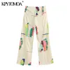 Women Chic Fashion Print Wide Leg Pants Vintage Zipper Fly Side Pockets Female Trousers Casual Pantalones Mujer 210416