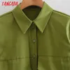 Tangada mulheres verde camisas de algodão de manga comprida sólida virada para baixo colarinho elegante escritório senhoras trabalho desgaste blusas xn97 210609