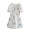 Za lato haftowane kwiaty mini sukienka kobiety krótkie rękaw puff ażurowy biały sukienka kobieta elastyczna sukienka haftu 210602