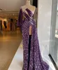 2021 Arabisch Lila Split Prom Kleider Luxus Perlen Pailletten High Neck Langarm Frauen Plus Größe Formale Abendkleider