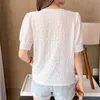 Sommer Mode Weiße Bluse Baumwolle Button Up Frauen Tops Süße Spitze Shirt Kurzarm Rüschen Kleidung 14197 210417