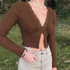 ALLNeon E-girl Sweet Deep V-cou Garniture en dentelle Crop Tops Y2K Fashion Slit Hem Long Sleeve Brown T-shirts Vintage 90s Aesthetics Top Y0508