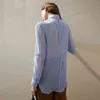 Przypadkowa niebieska koszula dla kobiet Lapel długi rękaw Zobacz przez luźnej bluzki żeński moda odzież wiosna 210524
