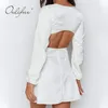 Summer Women White Party Mini Long Sleeve Low-Cut Sexy Short Club Dress 210415