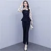 Herbst koreanische elegante zwei stück set frauen plus größe langarm tunika chiffon gedruckt tops und elastische taille split flare pants 210513