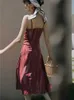 Retro Original Oil Painting Sling Slit High Waist Dress Womens Knee Length Architectural Plus Size Spaghetti Strap Vestido 210601