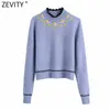 ZEVITY Kadın Moda Dantel Tığ Çiçek Aplikler Rahat Örgü Kazak Femme Chic Uzun Kollu Nakış Kazaklar Tops S575 210603