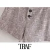 Trafe kvinnor vintage stilig houndstooth tweed shorts mode hög midja sidofickor kvinnliga korta byxor casual pantalones mujer 210415