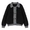 Talvez U Mulheres Preto Teddy Lambswool Patchwork Houndstooth Botão de lã solto Casaco Outono inverno C0411 210529