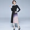 Women Autumn Winter Elegant Knitted Patchwork Pleated Midi Dress Woman Office Party Robe Ladies Vintage Sweater Dresses Vestidos 210525