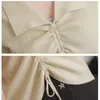 Höst Slim Solid Drawstring Skjortor Långärmad Stickad Tröja Kvinnor Tröjor V-Neck Mode Kläder Pullovers 6501 50 210417