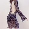 Casual Dresses Womengaga Super Sexig Nattklubb Kvinnor Natt Backless Leopard Chiffon Mesh Lace Mini Dress Spring 2022 Koreanska Tops Nkm2