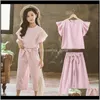 Baby Baby Maternity Drop Delivery 2021 Childrens Suit Summer School Girls Outfits Ruffle Sleeve Tops And Wide Leg Pants Korean Children Strip