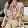 Sommer Koreanische Frauen Shirts Frau Rosa Chiffon Büro Dame Floral Kurzarm Blusen Tops Plus Größe XXL 210531