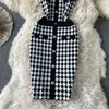 2021 Summer fashion design women's halter neck sleeveless houndstooth grid plaid print knitted casual dress bodycon tunic kne263r